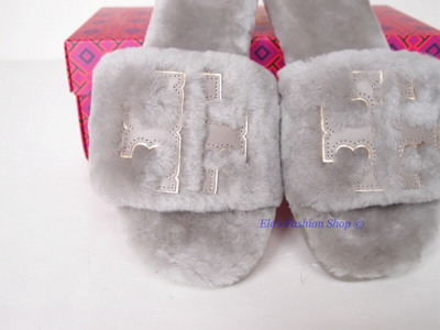 Pre-owned Tory Burch Double T Shearling Fur Slide Gray Heron 6.5 7 7.5 8 8.5 9 Authntc