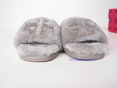 Pre-owned Tory Burch Double T Shearling Fur Slide Gray Heron 6.5 7 7.5 8 8.5 9 Authntc