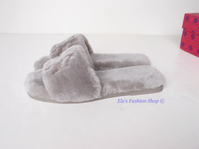 Pre-owned Tory Burch Double T Shearling Fur Slide Gray Heron 6.5 7 7.5 8 8.5 9 Authntc