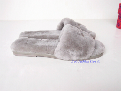 Pre-owned Tory Burch Double T Shearling Fur Slide Gray Heron 6.5 7 7.5 8 8.5 9 Authntc