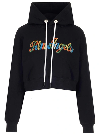 Shop Palm Angels Logo Embroidered Cropped Hoodie In Black