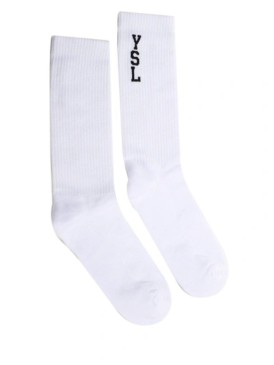 Shop Saint Laurent Logo Intarsia Socks In White