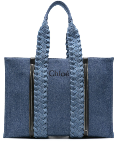 Shop Chloé Blue Large Woody Denim Tote Bag