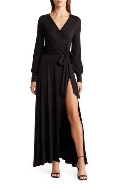 Shop Go Couture Surplice Neck Long Sleeve Knit Maxi Dress In Black