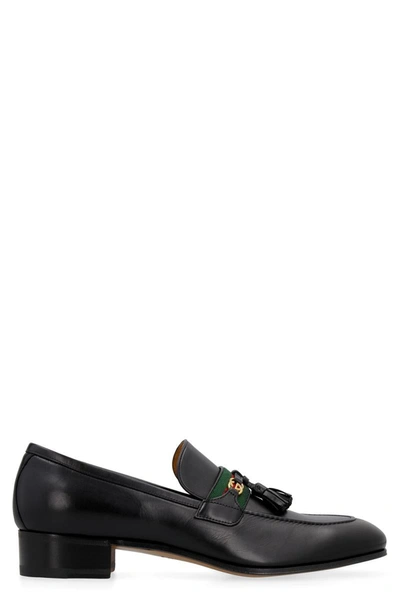 Shop Gucci Web Detail Leather Loafers In Black