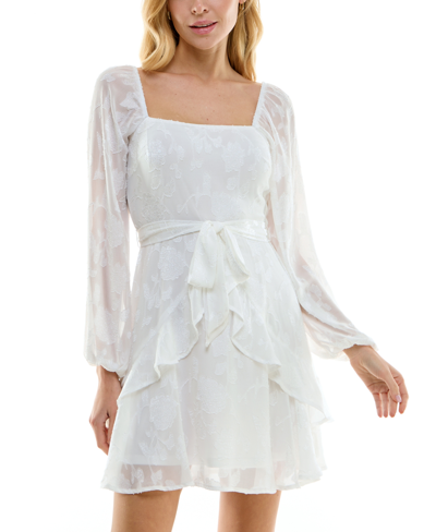 Shop Trixxi Juniors' Tie-waist Ruffled Jacquard Dress In White