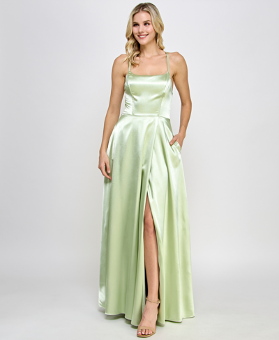 Shop Speechless Juniors' Satin Front-slit Lace-up Gown, Created For Macy's In Pistachio