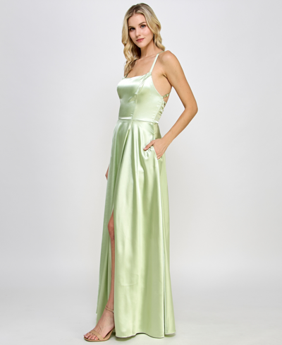 Shop Speechless Juniors' Satin Front-slit Lace-up Gown, Created For Macy's In Pistachio
