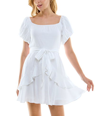 Shop Trixxi Juniors' Tie-waist Fit & Flare Ruffled Dress In White