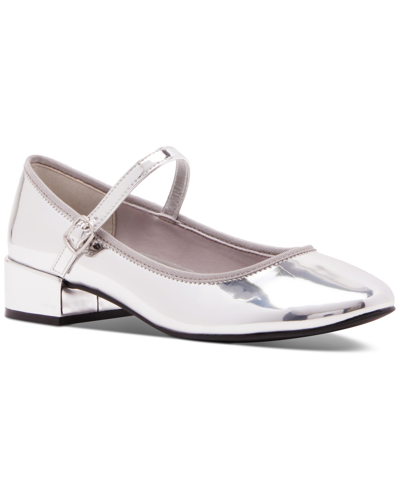 Shop Madden Girl Tutuu Block-heel Mary Jane Flats In Silver Mirror Metallic