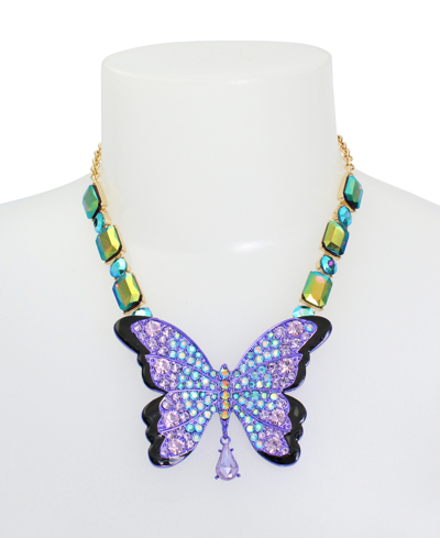 Shop Betsey Johnson Faux Stone Butterfly Pendant Necklace In Purple,gold