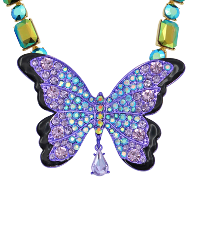 Shop Betsey Johnson Faux Stone Butterfly Pendant Necklace In Purple,gold