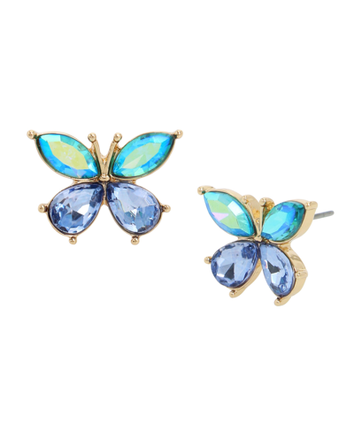 Shop Betsey Johnson Faux Stone Butterfly Gem Stud Earrings In Purple,gold
