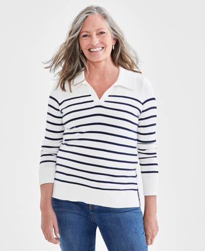Shop Style & Co Women's Striped Collared Tunic Sweater, Created For Macy's In White Stripe