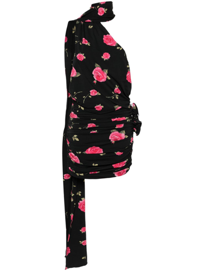 Shop Magda Butrym Black Rose-print Ruched Minidress