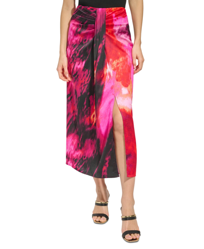 Shop Dkny Women's Printed Satin Sarong Midi Skirt In Shocking Pink Multi