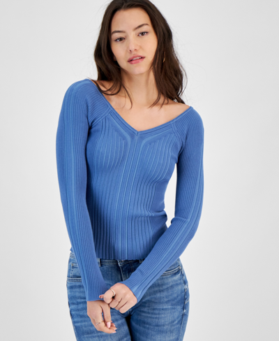 Shop Guess Women's Allie V-neck Ribbed Sweater In Nordic Sea And Myosotis Blue Vanise