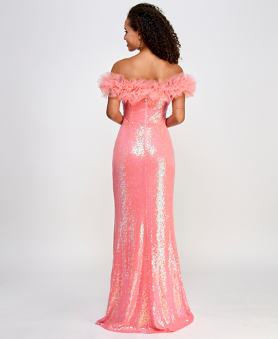 Shop Pear Culture Juniors' Tulle-trim Off-the-shoulder Sequin Gown, Created For Macy's In Neon Coral