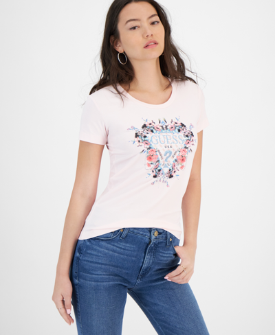 Shop Guess Women's Floral Triangle Logo T-shirt In Low Key Pink