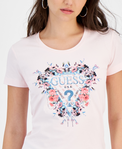 Shop Guess Women's Floral Triangle Logo T-shirt In Low Key Pink