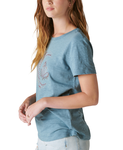 Shop Lucky Brand Women's Studded Moon Graphic-print T-shirt In Blue Mirage