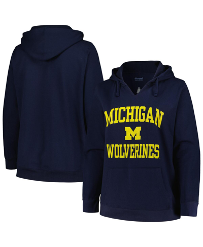 Champion Women's  Navy Michigan Wolverines Plus Size Heart & Soul Notch Neck Pullover Hoodie In Navy