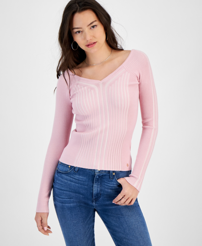 Shop Guess Women's Allie V-neck Ribbed Sweater In Low Key And Mauvelous Vanise