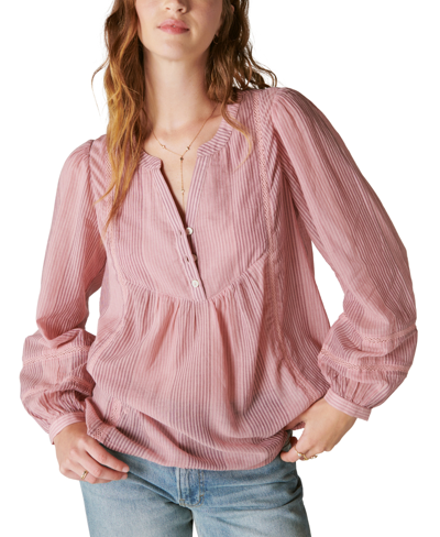 Shop Lucky Brand Women's Cotton Striped Popover Blouse In Zephyr Pink Stripe
