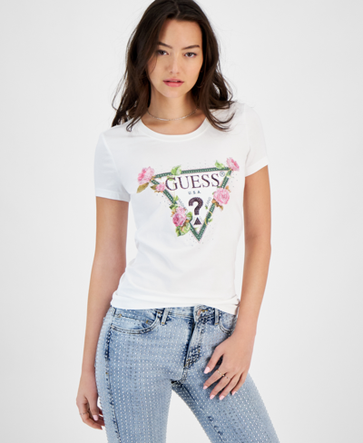 Shop Guess Women's Roses Triangle Logo T-shirt In Pure White