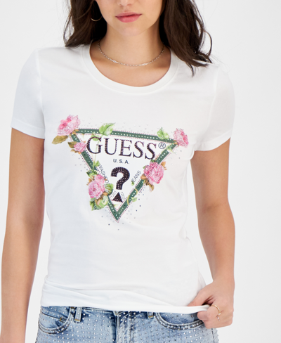 Shop Guess Women's Roses Triangle Logo T-shirt In Pure White