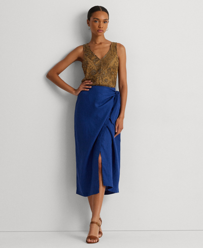 Shop Lauren Ralph Lauren Women's Linen Wrap Midi Skirt In Indigo Sail