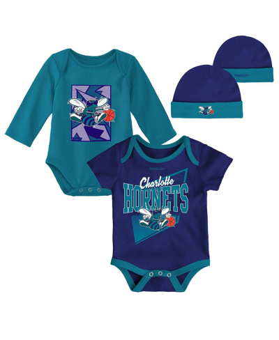 Mitchell & Ness Newborn & Infant  Purple/teal Charlotte Hornets 3-piece Hardwood Classics Bodysuits & In Purple,teal