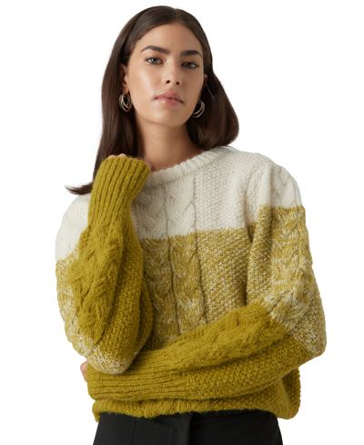 Shop Vero Moda Women's Colorblocked Puff Sleeve Sweater In Birch Detail: W Avocado Oil