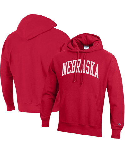 Shop Champion Men's  Scarlet Nebraska Huskers Team Arch Reverse Weave Pullover Hoodie