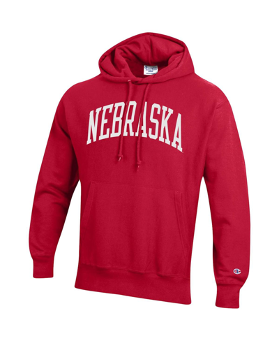 Shop Champion Men's  Scarlet Nebraska Huskers Team Arch Reverse Weave Pullover Hoodie