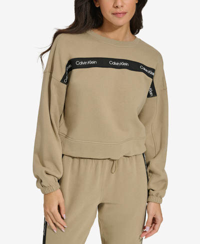 Shop Calvin Klein Women's Logo-tape Bungee-hem Sweatshirt In Khaki Green