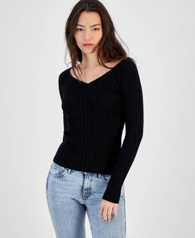 Shop Guess Women's Allie V-neck Ribbed Sweater In Jet Black Multi
