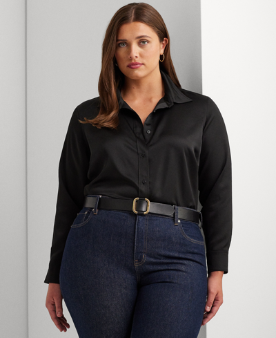 Shop Lauren Ralph Lauren Plus Size Satin Charmeuse Shirt In Black