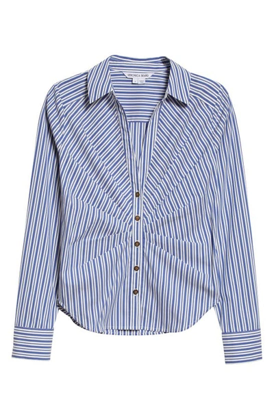 Shop Veronica Beard Joelle Stripe Pleated Shirt In Classic Blue/ Off White