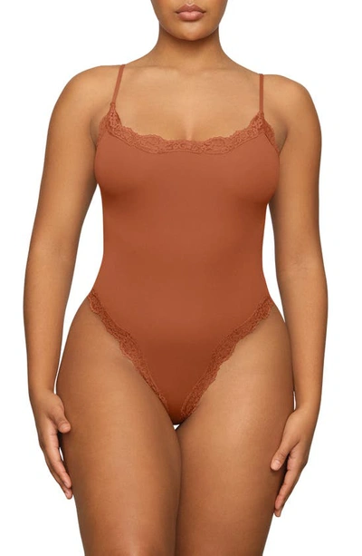 Shop Skims Fits Everybody Lace Camisole Bodysuit In Bronze