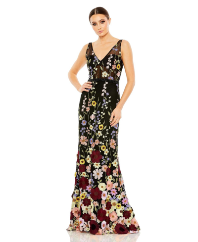 Shop Mac Duggal Women's Embroidered Tulle Sleeveless V Neck Gown In Black Multi