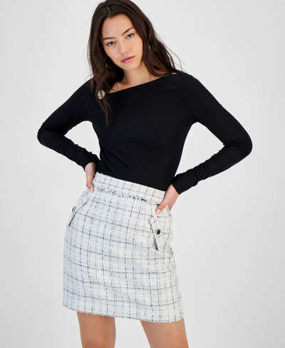 Shop Guess Women's Sofia Tweed Mini Skirt In Check Tweed White Combo