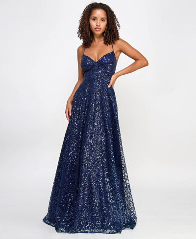 Shop Say Yes Juniors' Sequin Lace-back Ball Gown, Created For Macy's In Navy