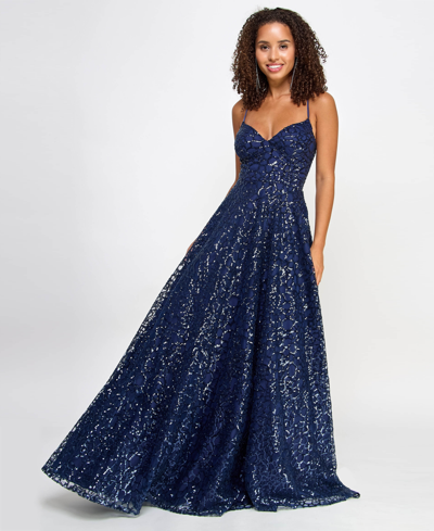Shop Say Yes Juniors' Sequin Lace-back Ball Gown, Created For Macy's In Navy