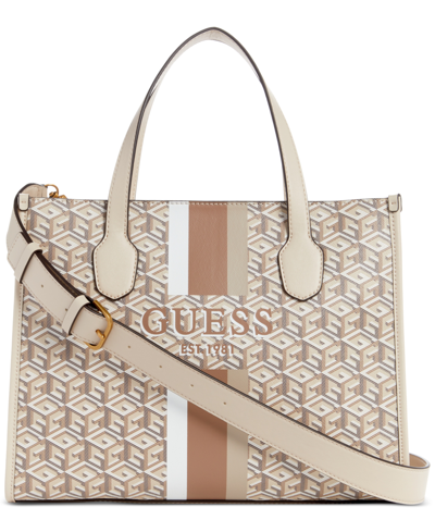 Shop Guess Silvana Small Monogram Double Compartment Tote In Sand Logo