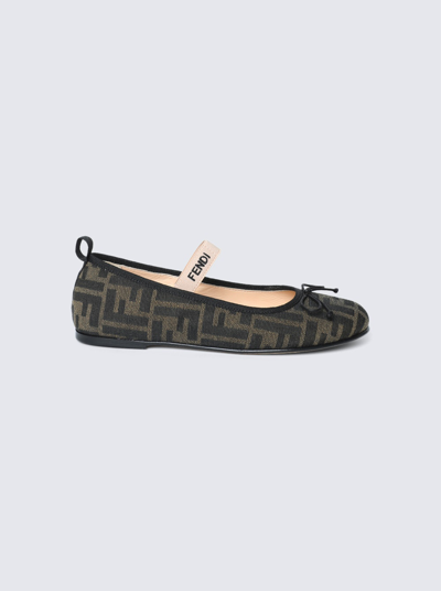 Fendi Ballet Flats For Girl With All-over Ff Logo In Tobacco