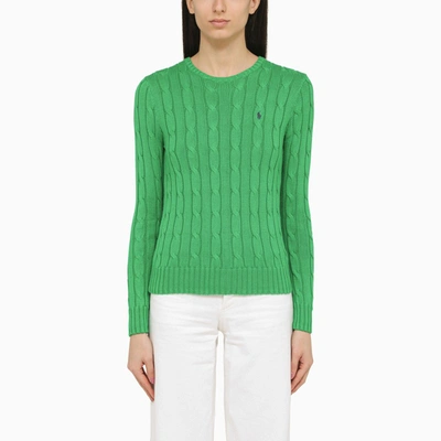 Shop Polo Ralph Lauren Green Cotton Cable Knit Sweater With Logo In Pink