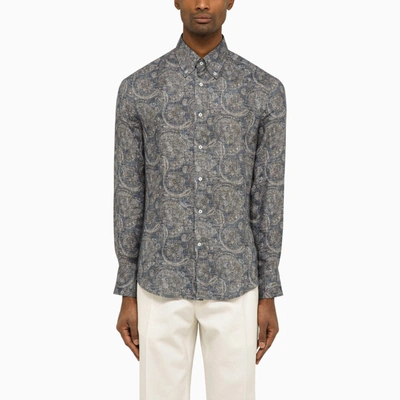 Shop Brunello Cucinelli Linen Shirt With Paisley Print In Grey