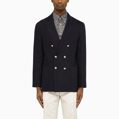 Shop Brunello Cucinelli Navy Blue Double-breasted Jacket In Linen And Wool