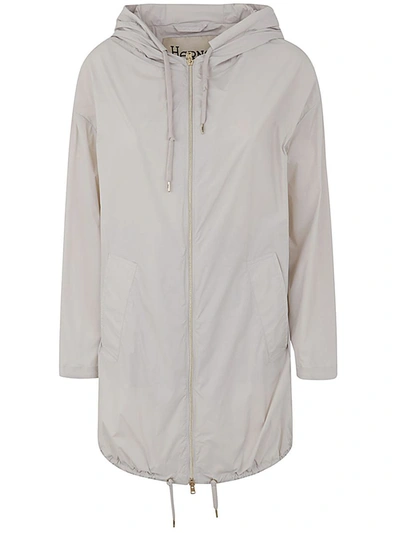 Herno Stretch Maxi Bomber With Hood And Drawstring Hem In Gray
